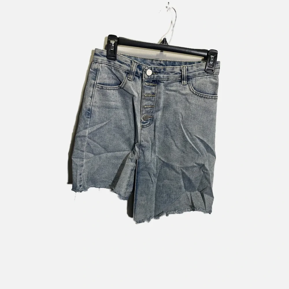 Elephant Women Blue Denim Asymmetrical Raw Hem Mini Skirt‎ Button Fly Size L